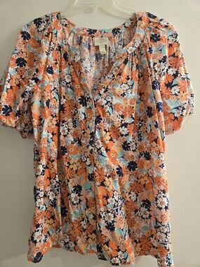 St. John's Bay Orange Floral V-Neck Short Sleeve Blouse